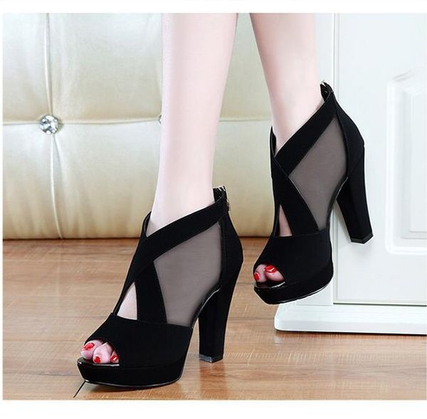 

sandals 2021 summer ladies high heels  cm shoes mesh breathable zipper pointed wedding party square, Black