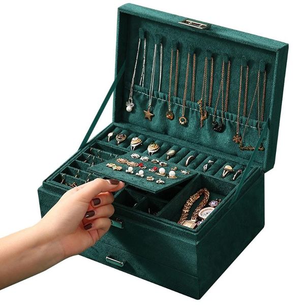

storage baskets 3 layers green stud jewelry organizer drawer large ring necklace makeup holder cases velvet box with lock for women