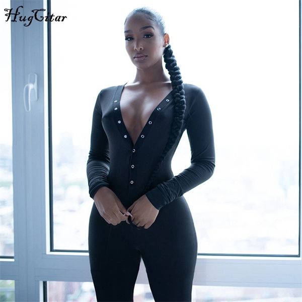 

hugcitar long sleeve v-neck buttons embroidery bodycon jumpsuit autumn winter women fashion streetwear outfits romper, Black;white