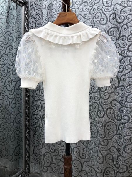 

knits autumn fashion knitted sweaters women turn-down collar tulle lace patchwork short sleeve solid black white jumpers