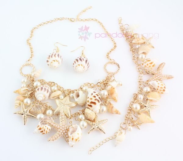 

2015 new design fashion golden chain multielement pearl beads shell conch starfish necklace set#1, Black