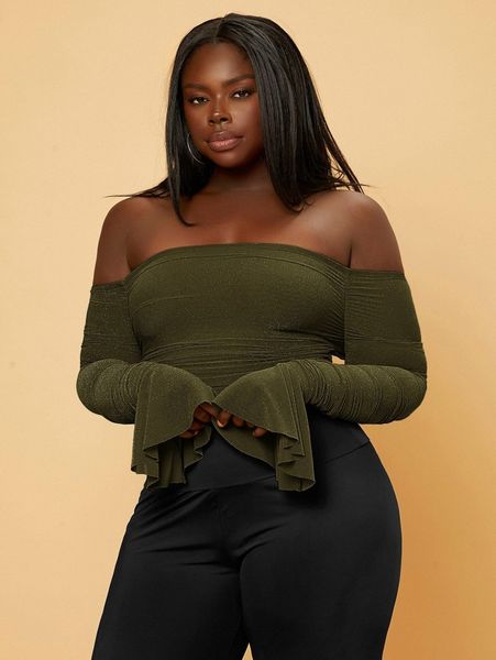 

sxy plus off shoulder flounce sleeve ruched glitter crop tee i3wq#, Black