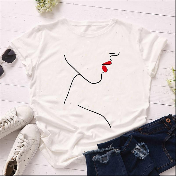 

summer womens women t shirt short sleeve tshirts casual white o neck polyester shirts simple line art aesthetics female