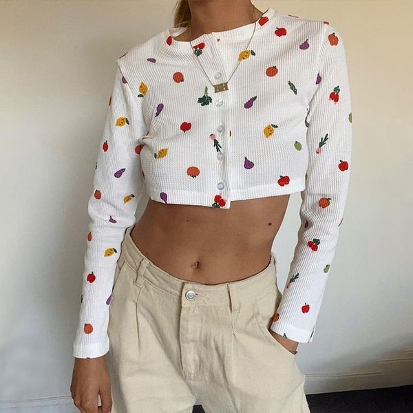 

women's t-shirt 2021 women printed long sleeve front buttons cardigans autumn spring crop casual cotton basic short tee, White