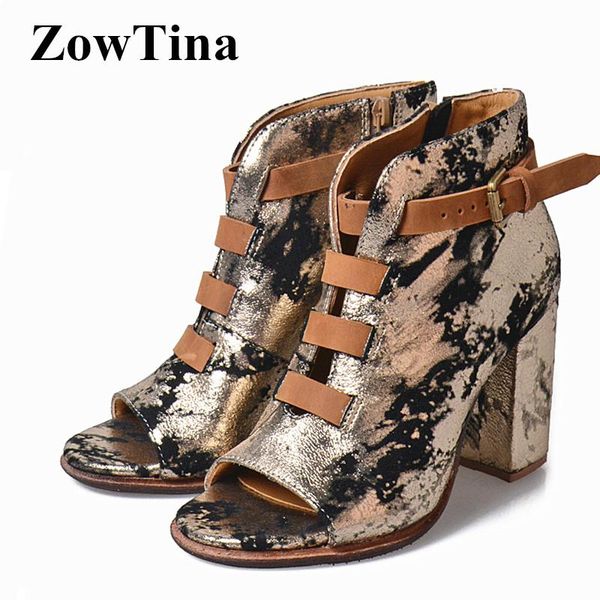 

boots real leather women open toe gladiator cut out summer booties ladies shoes woman side zipper square high heels stilettos, Black