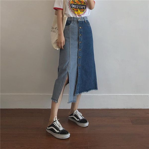 

skirts large size contrast denim skirt women's summer long high waist thin a-line cotton straight embroidery empire, Black