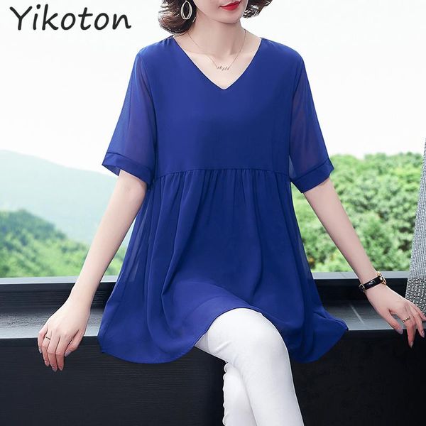 

women's blouses & shirts dress blouse fashion 2021 summer big size 5xl loose and simple chiffon shirt half sleeve v neck clothing, White