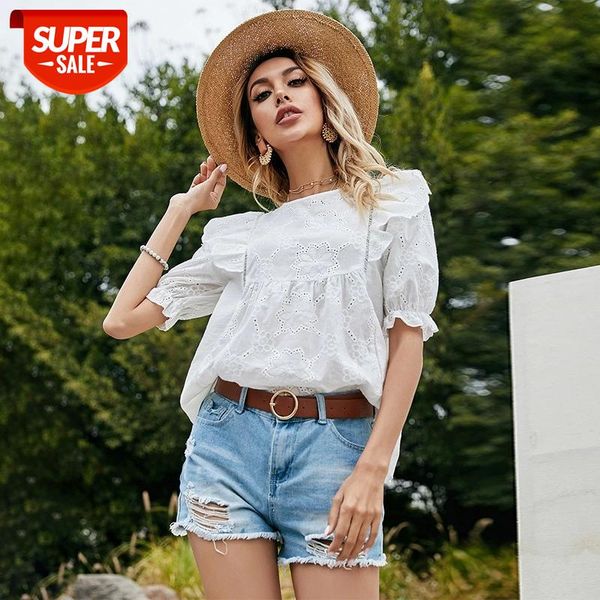 

2021 new sweet hollow out women casual spring summer puff sleeve blouse ladies loose fashion pullover #km09, White