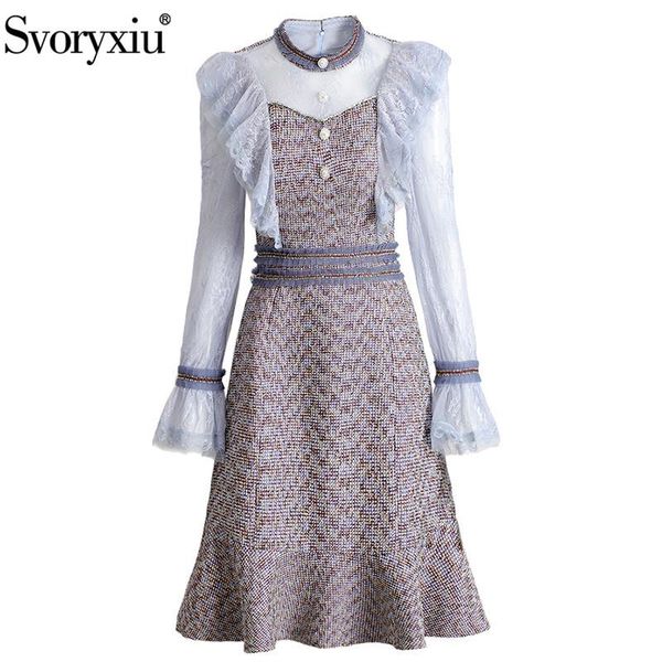 

casual dresses svoryxiu autumn winter fashion designer mermaid dress women's elegant flared sleeves lace ruffles patchwork tweed mini, Black;gray