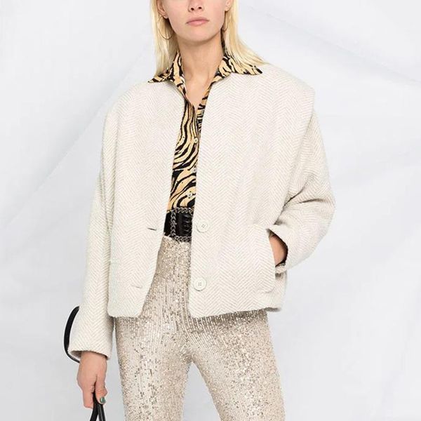 

women's wool & blends shoulder pads stripe coat women autumn winter blend casual 2021 fashion outerwear jacket femme, Black