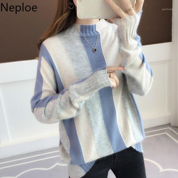 

women's sweaters neploe crazy style half high neck pull femme 2021 autumn winter contrast striped pullover loose wild knit sweater 4672, White;black