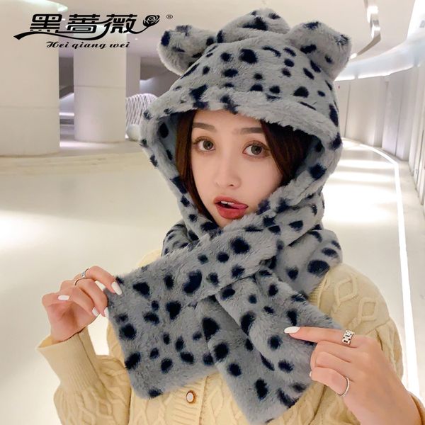 

visors womens winter leopard print plush bonnet sweet cute fashion earmuffs hat korean style students warm-keeping scarf integrated, Blue;gray