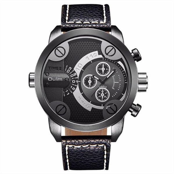 

wristwatches oulm watches mens leather band japan movt quartz 2 time zone casual designer fashion watch relogio masculino marca, Slivery;brown