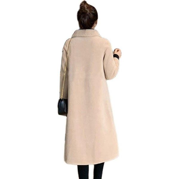 

women's wool & blends winter senior lamb fur coat, luxury long loose lapel thick warm, large plush coat, Black