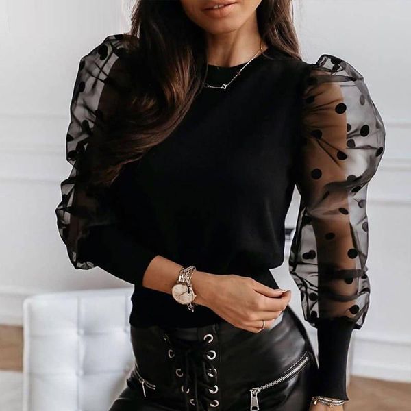 

mesh dot puffed sleeve blouse womens and blouses o-neck shirts female blusas women's &, White