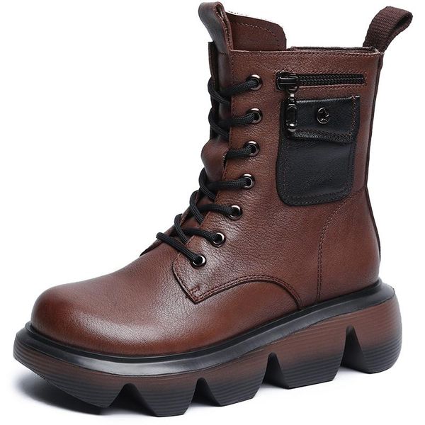 

boots autumn winter ankle women shoes thick bottom elegant genuine leather platform lace up a225, Black