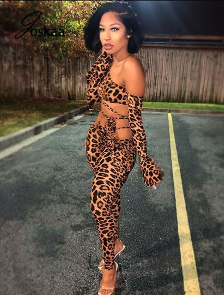 

one shoulder leopard print womens pants 2 two piece set cut out waist flare sleeve crop bandage streetwear, White