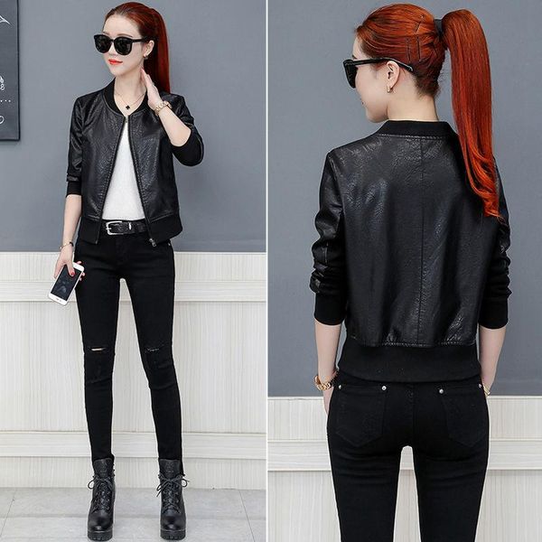 

women's leather & faux black color mandarin collar spring women short jacket female 2021 zippers jackets