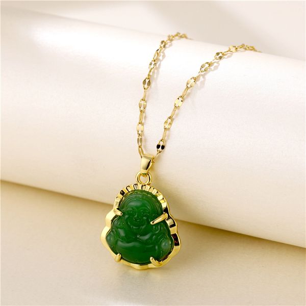 Lachende Boeddha Jade Hanger Ketting met Titanium Staal Koper 18K Echt Vergulde Langdurige Kleur Hiphop Kettingen voor Vrouwen