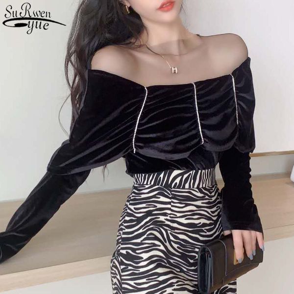 

autumn and winter mesh stitching slash neck long sleeve retro design pleated slim bottoming women's shirt 12037 210427, White