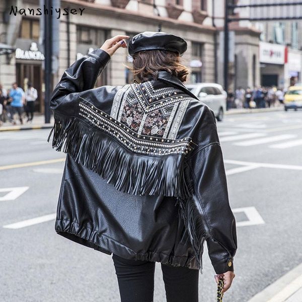 

women's leather & faux boho womens heavy work embroidery rivet tassel washed fake pu jacket autumn oversized motorcycle coat streetwear, Black