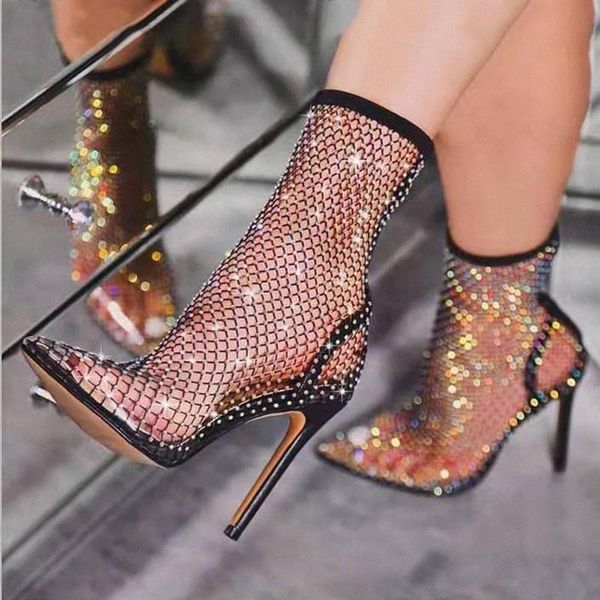 Mulheres Sandálias Sexy Boot High Heal Summer Nightclub Sapatos Strass Aponte Toe Luxo Malha Fishnet Heels Socks sobre o joelho 32RP #