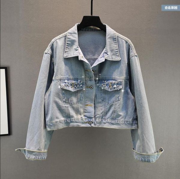 

women's jackets 2021 spring and autumn clothing loose thin heavy industry diamond-studded small short denim jacket women, Black;brown