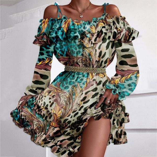 

casual dresses off shoulder ruffle mini dress women elegant slash neck party female vintage floral print ladies beach, Black;gray