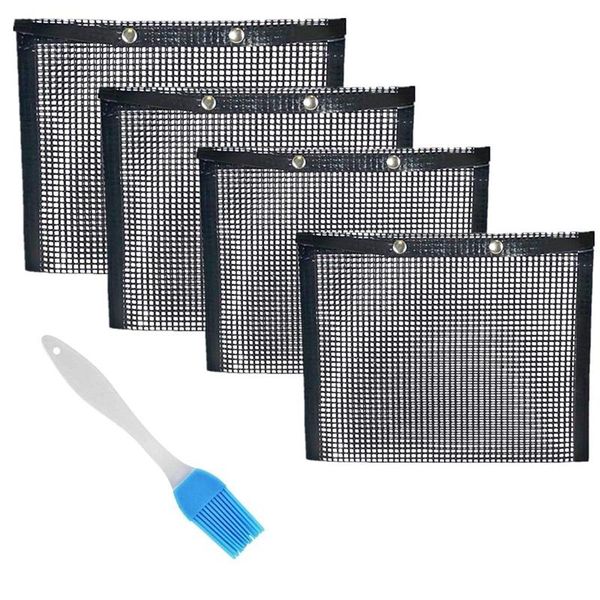

tools & accessories bbq grill mesh bag, non-stick bag reusable and easy to clean grid with brush