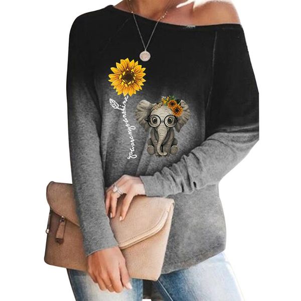 

women's t-shirt gradient color women t-shirts cute elephant-print full sleeve round collar casual ladies tee shirts, White