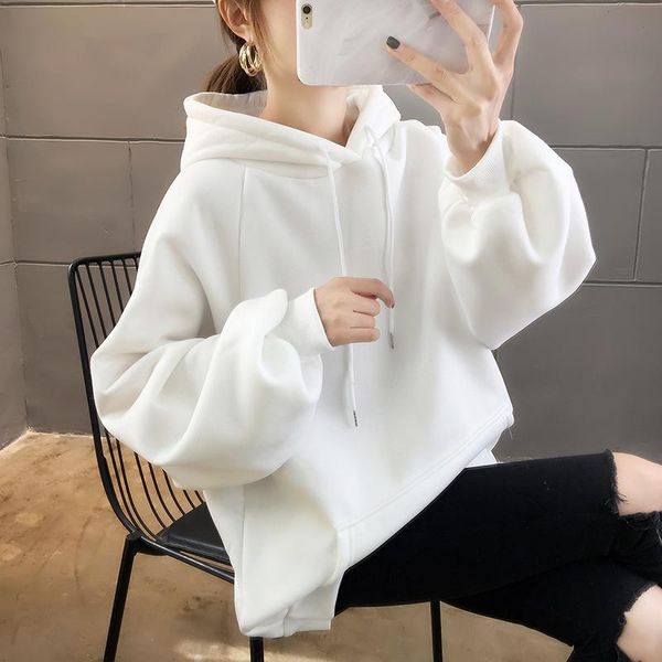 

solid color plus size thicken warm pullover sweatshirt for women autumn winter hooded collar full sleeve oversized femme women's hoodi, Black
