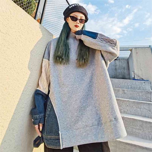 

[ewq] autumn female casual tutle neck long-sleeved pullover patchwork knit denim gray over size sweatshirts 8p101 210910, Black