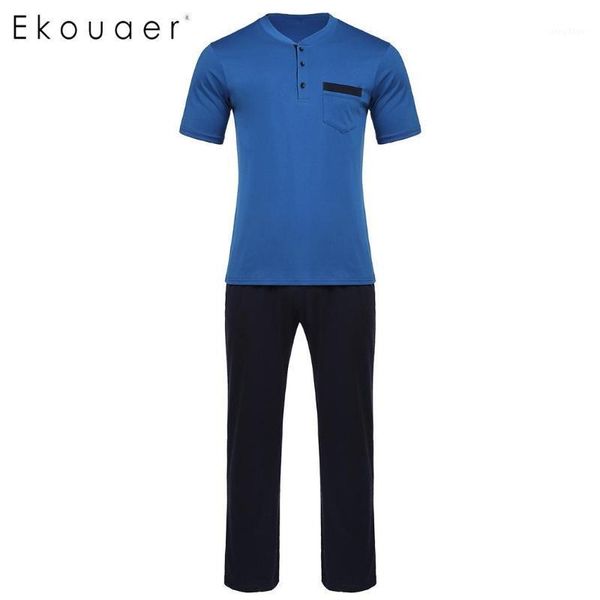 

men's sleepwear ekouaer men pajama set loungewear contrast color o-neck short sleeve t-shirts long pants loose pajamas home suits, Black;brown