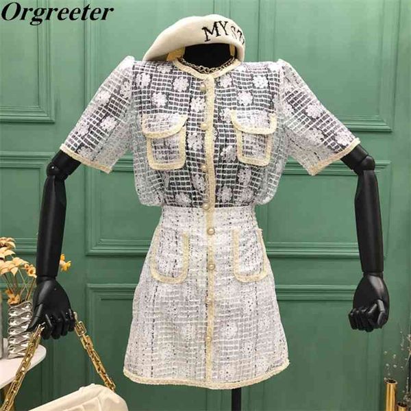 

fashion lace shirt and skirt 2 piece set women hook flower hollow pearl button blouse a-line sets with sling 210602, White
