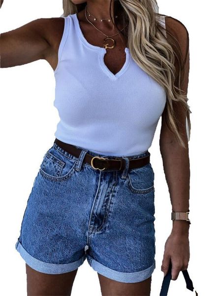 

women's jeans retro denim shorts casual cuff high waist ladies slim sexy, Blue