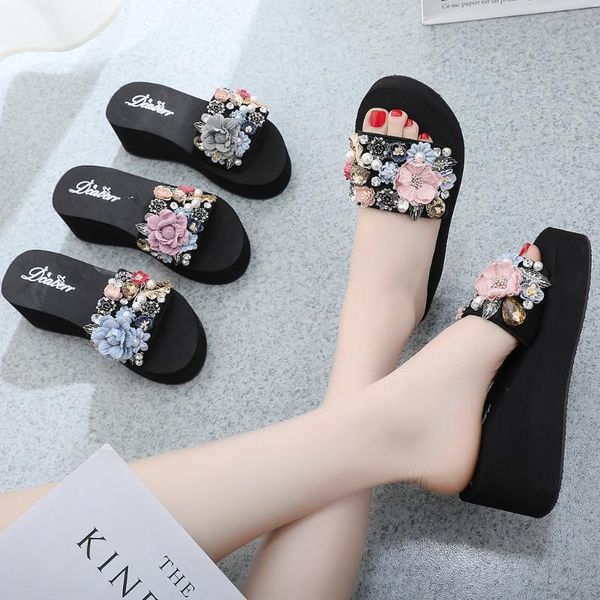 

slippers women summer bohemian open toe fashion non-slip wedge pearl beach shoes flip flops, Black