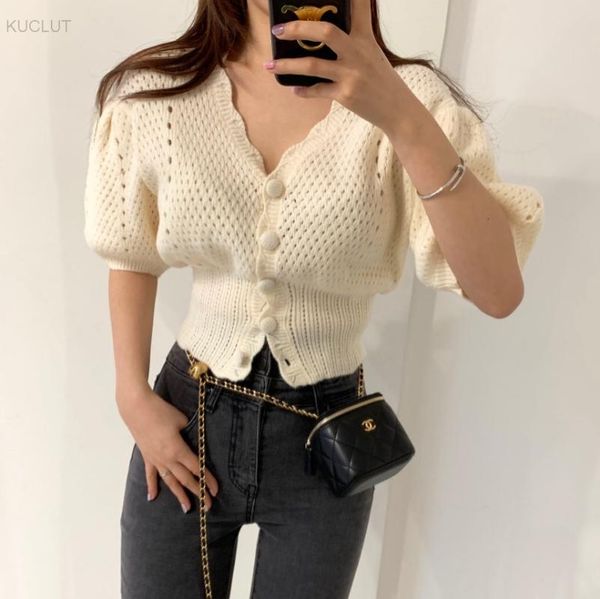 

women's knits & tees korean chic french niche spring and summer simple v-neck loose thin versatile bubble sleeve hollowed out t-shirt, White