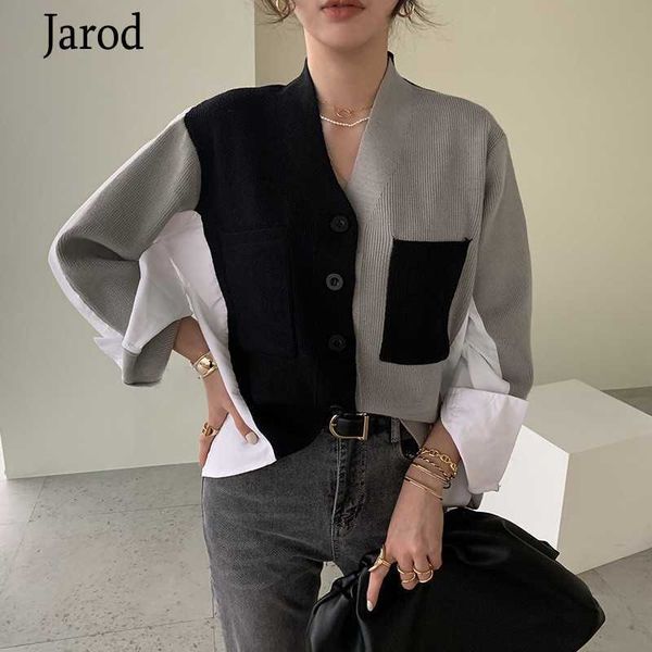 

female white patchwork women sweater cardigan autumn fashion loose v neck button long sleeve knitted coat 210526