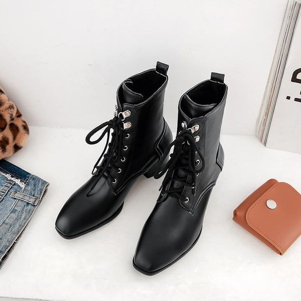 

boots 2021 chic women shiny pu leather autumn winter shoes square toe block heels ankle female botas zapatos mujer, Black
