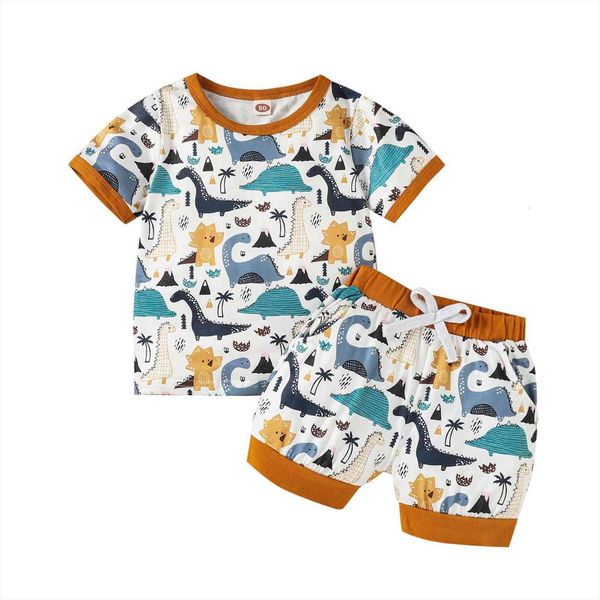 

toddler baby 2pcs clothes set, short sleeve dinosaur print t shirt elastic waist shorts set, White