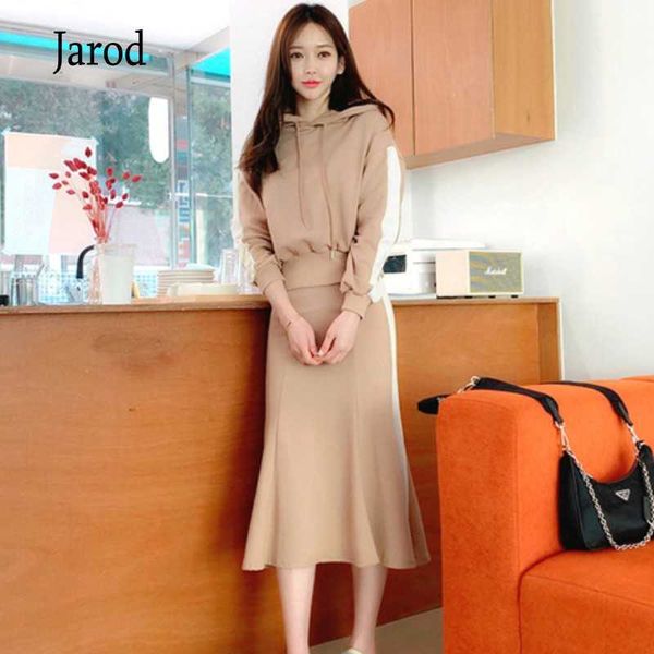 

autumn fashion 2 pieces set sweatshirt long sleeve hooded high waist mermaid midi skirts female casual sportswear 210526, White