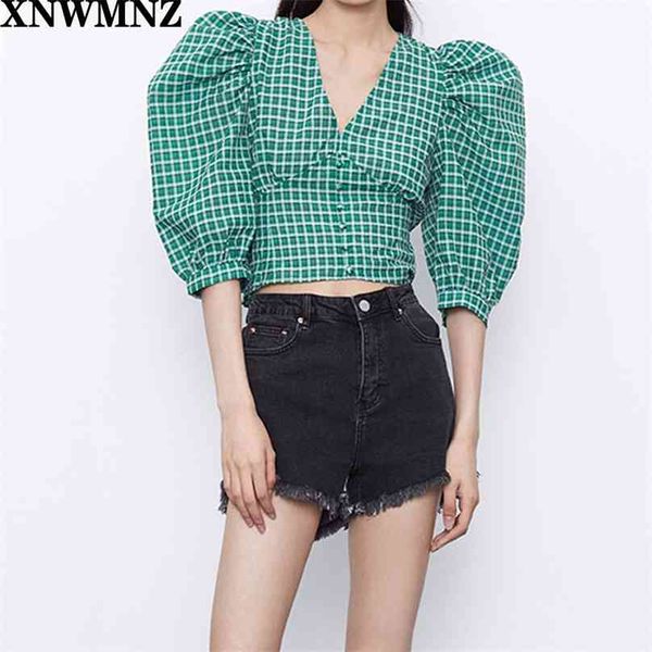 Schicke grüne Blusenhemden Frauen Plaid Crop Button Puffärmel sexy V-Ausschnitt Vintage weibliche Blusas 210520