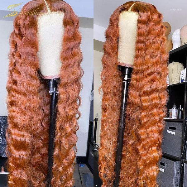 

deep wave ginger colored 13x6 lace front wig hd transparent orange real human hair for black women preplucked full frontal1, Black;brown