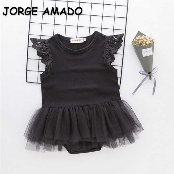 Verão bebê meninas bodysuits lace sem mangas romper tutu branco negro nascido menina roupa e2345 210610