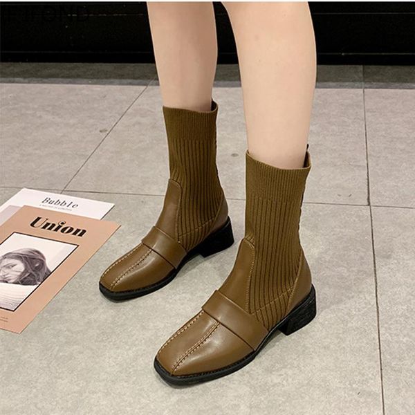 

boots if ifond stretch fabric woman pu leather square toe motorcycle women shoes mid-calf heels breathable shoe, Black