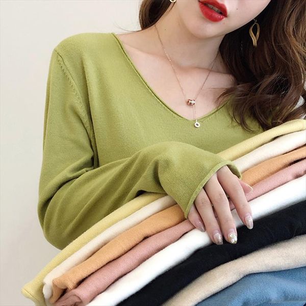 

autumn thin basic knitted women sweaters v neck knit jumper long sleeve casual pullover female pull femme sweater girl, White;black