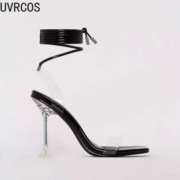 

summer high-heeled women's sandals fashion wild mature transparent shoes calf lace trendy 2021, Black