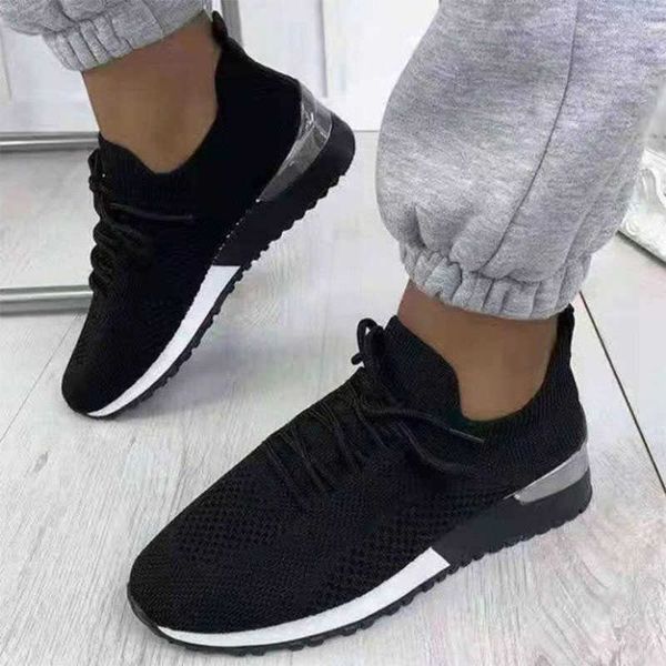 

2021za sport shoes for women tennis shoes lace-up fashion breathable mesh flat sneakers casual shoes calzado deportivo mujer y0907, Black