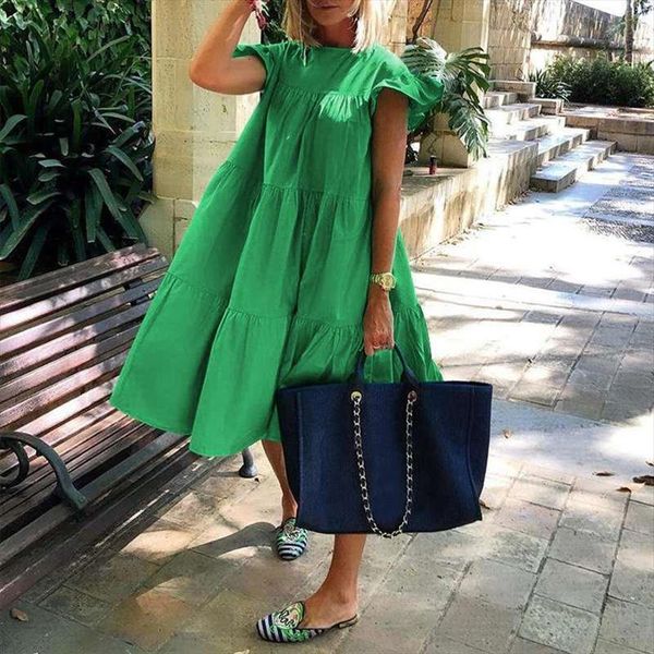 

summer retro pleated solid womens dresses casual o neck butterfly sleeve loose ladies beach sundress midi robe holiday, Black;gray