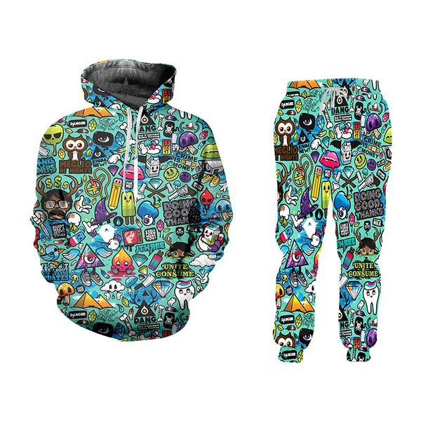 

men's tracksuits streetwear 2 pcs sets women green multi- graffiti suits 3d printed hip hop casual street art hoodies and pants, Gray